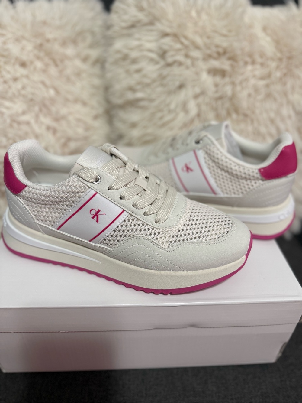 Calvin Klein Women Cream & Pink Mesh Platform Sneakers
